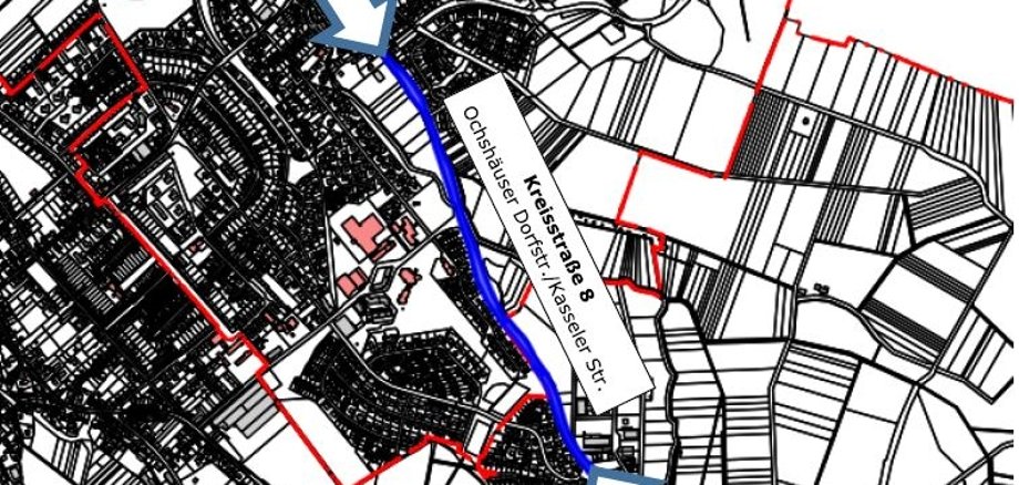 Lageplan zur geplanten Kampfmittelsondierung im Verlauf der Kreisstraße 8 (Ochshäuser Dorfstraße/Kasseler Straße) zwischen der Einmündung Eschweger Straße und der Einmündung Berliner Straße. Es handelt sich um eine unmaßstäbliche Darstellung.