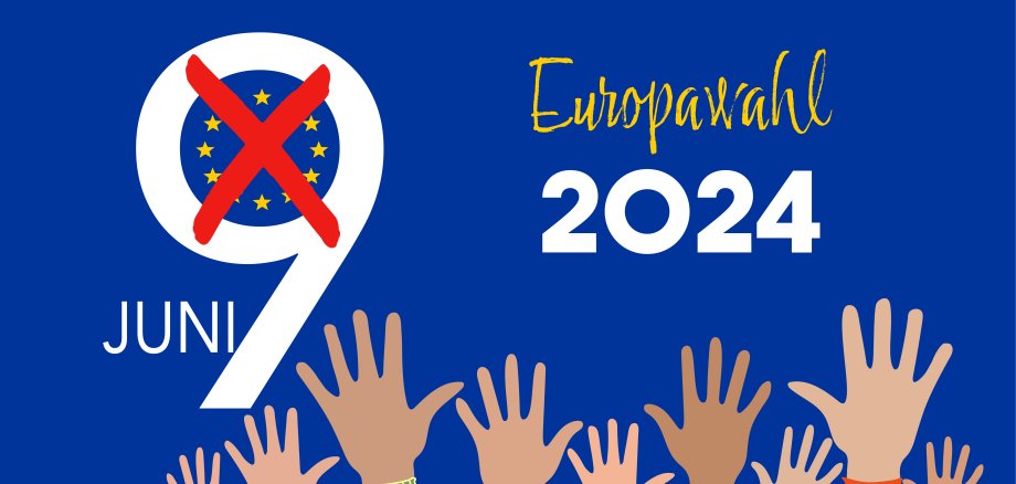 German Text 2024 Europawahl 9.Juni - European Elections. People raising hands. cross mark check and European Flag Background with Stars. flat vector illustration.